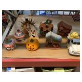 Light up Halloween village and decor items.