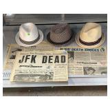 JFK and Elvis Newspapers and 3 Fedoras
