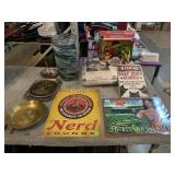 Art glass vase 14x7, kodiak blanket, metal signs,