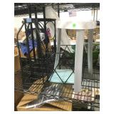 Shower stool and 3 metal decor items.