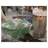 Porcelain pie stand, decorative metal bucket.