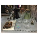 Metal spice organizer, assorted glassware,