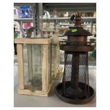 Plastic lighthouse bird feeder, wooden bird