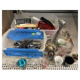 Assorted shot glasses, Craftsman sockets, and