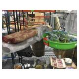 2 Rolled rugs, seashell wreath In storage box.