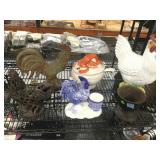 Porcelain and metal roosters, lobster tureen and