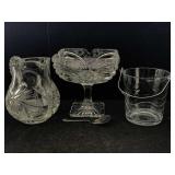 Etched Glass Compte, Cut Glass Pitcher and Small
