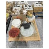 Plastic bins, glass table toppers, glass stemware