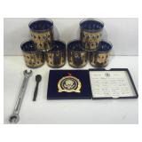 Vtg glassware set, blue w/filigree design,