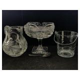 Etched Glass Compte, Cut Glass Pitcher and Small