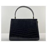 Vtg Black Leather Pull Clasp Metal Frame Handbag