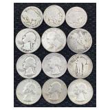 9 Silver Quartes And 3 Buffalo Nickels, See Photos