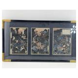 Vtg Japanese Woodblock Framed Triptych 21.5x39.5