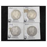 4-silver Barber Half Dollars Incl. 1893, 1904,