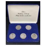 5 Silver Walking Liberty Half Dollars In Box