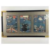 Vtg Japanese Woodblock Framed Triptych 21.5x39.5