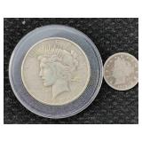 1925-s Silver Peace Dollar W/1912 Liberty Head