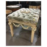 Vtg Wood stool w/carved accents green upholstery,
