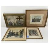 3 Framed European prints, 1 needlepoint
