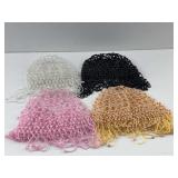 4 Head pieces, beaded fringe trim, white, black,