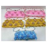 5 Clutch evening handbags, satin w/beaded handle,