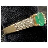 10k Gold Ring W/emerald & Diamond, Tw 2.2g, Sz 6.5