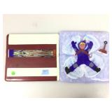 2 Art glass tiles, red/white & boy in snow