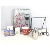 Tin sign, picture rack, mugs, cards & more
