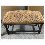 Wood bench w/yellow upholstery, 38x16x20in