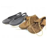 Iconic crocs and Minnetonka moccasins. Size 6 and