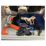 Nerf gun, dufflebag, 3M gloves, swim goggles and