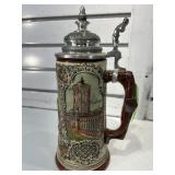 Metal German beer stein with  lid, 10 in tall