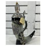 German boot horn beer stein w/metal lid 12 in