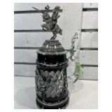 German beer stein w/decorative lid, dark blue &