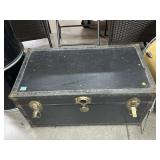 Vtg wood trunk w/metal edges, 17x30x15in
