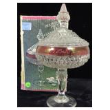 Crystal candy dish, ruby red trim