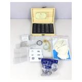 Coin collection capsules in box, empty & more