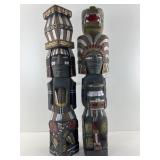 2 Wood carved totem pole statues 26 in tall