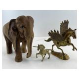 Elephant statue, wooden & brass unicorn & Pegasus