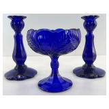 Vtg Compote dish & candlesticks, Cobalt blue,
