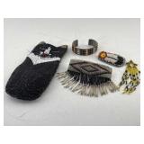 Vtg Beaded barrettes, bangle bracelet, cat case &