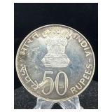 1974 India 50 Rupees Silver Coin
