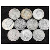 10 Silver Half Dollars Incl. Walking Liberty, Jfk