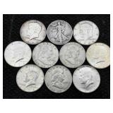 10 Silver Half Dollars Incl. Walking Liberty, Jfk