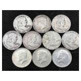 10 Silver Half Dollars Incl. Benjamin & Jfk, Tv $5