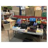 Table top lot of HP laptop, decor, tools, doll,