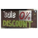 Satirical Sign ï¿½Sale 0% Discountï¿½, wood, 19x42in