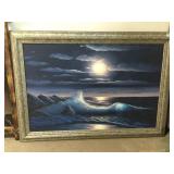 Signed Moonlight Seascape Painting On Canvas.