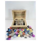 Carved wood jewelry chest, assorted polished