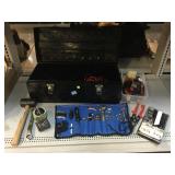 Assorted Tools. Toolbox, Wrenches, Plaid Wood